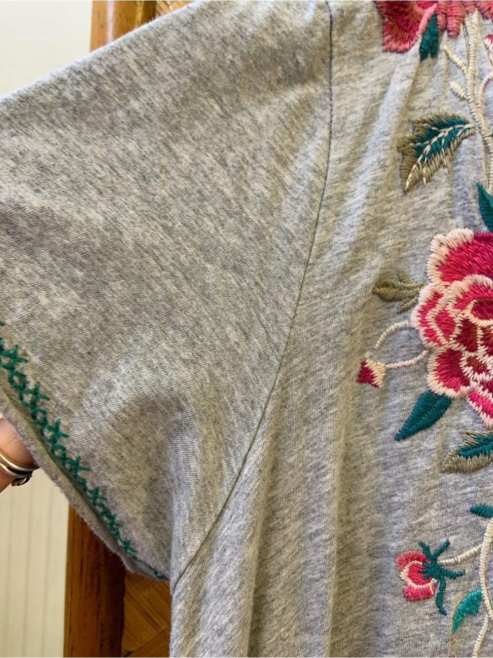 Johnny Was Gray Embroidered V-Neck Tunic with Pink Floral Accents - Picture 5 of 8